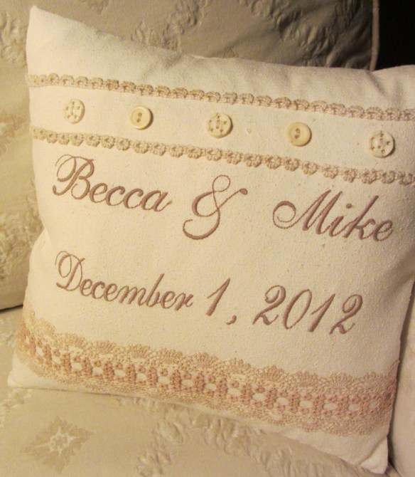 Machine Embroidered Wedding Pillow with Vintage Tatting and Buttons